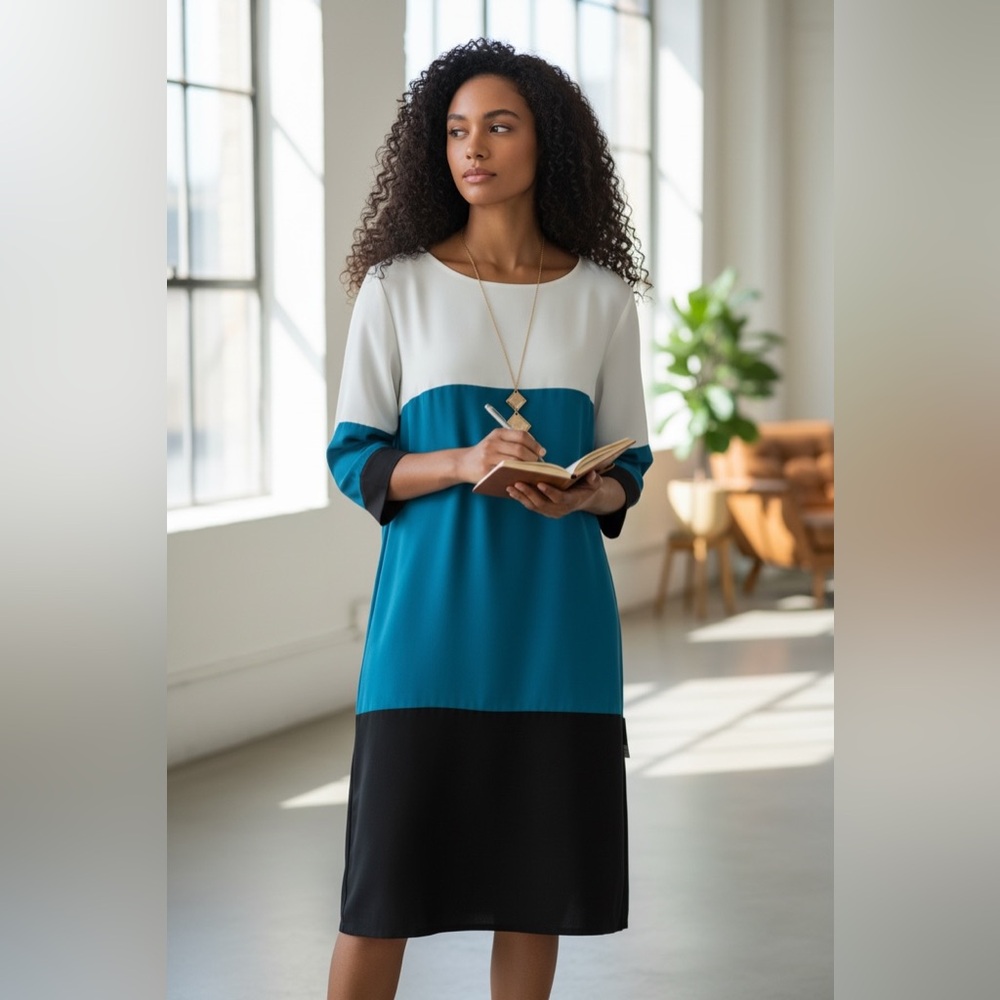 Modern Color Block Shift Dress with Necklace - Perfect for Every Occasion